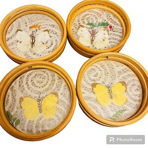 Vintage Set of Bamboo Rattan Pressed Decorative Butterfly Glass Coasters.